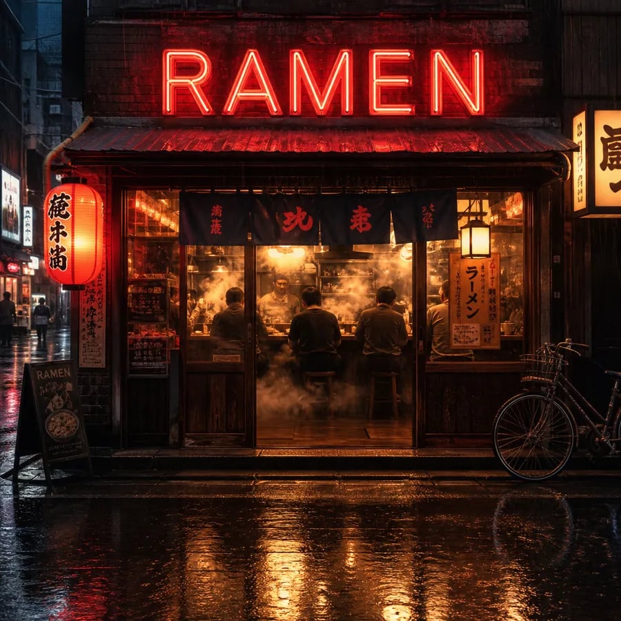 Neon ramen shop at night with a glowing 'RAMEN' sign