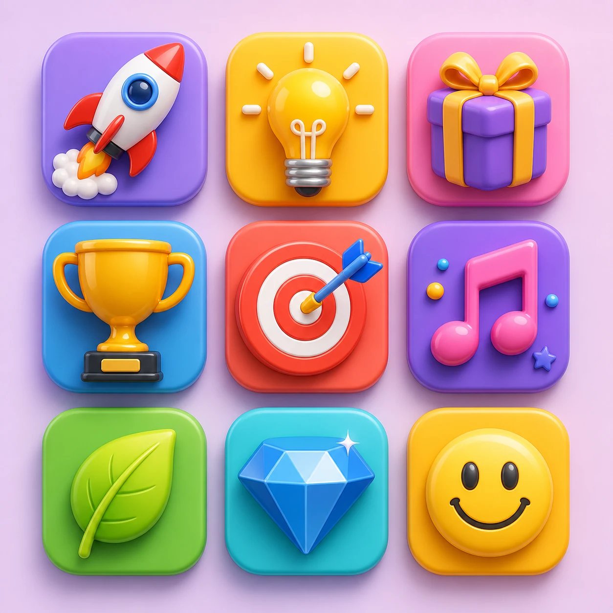 AI-generated set of playful 3D app icons — rocket, lightbulb, gift, trophy, target