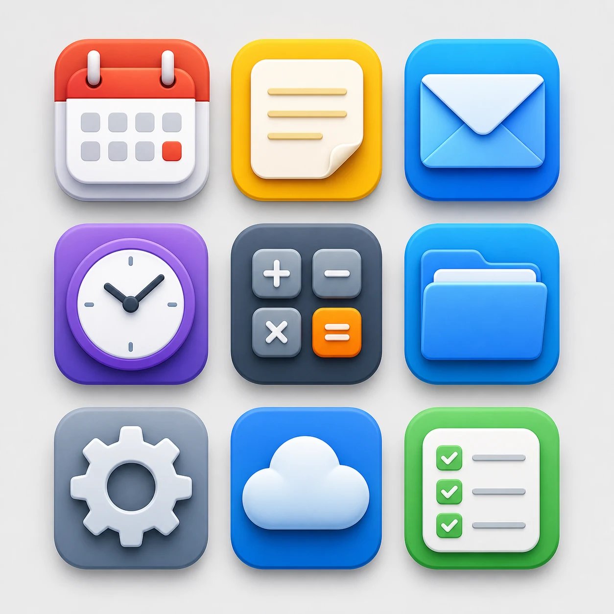 AI-generated set of nine productivity app icons — calendar, note, mail, clock, calculator, folder