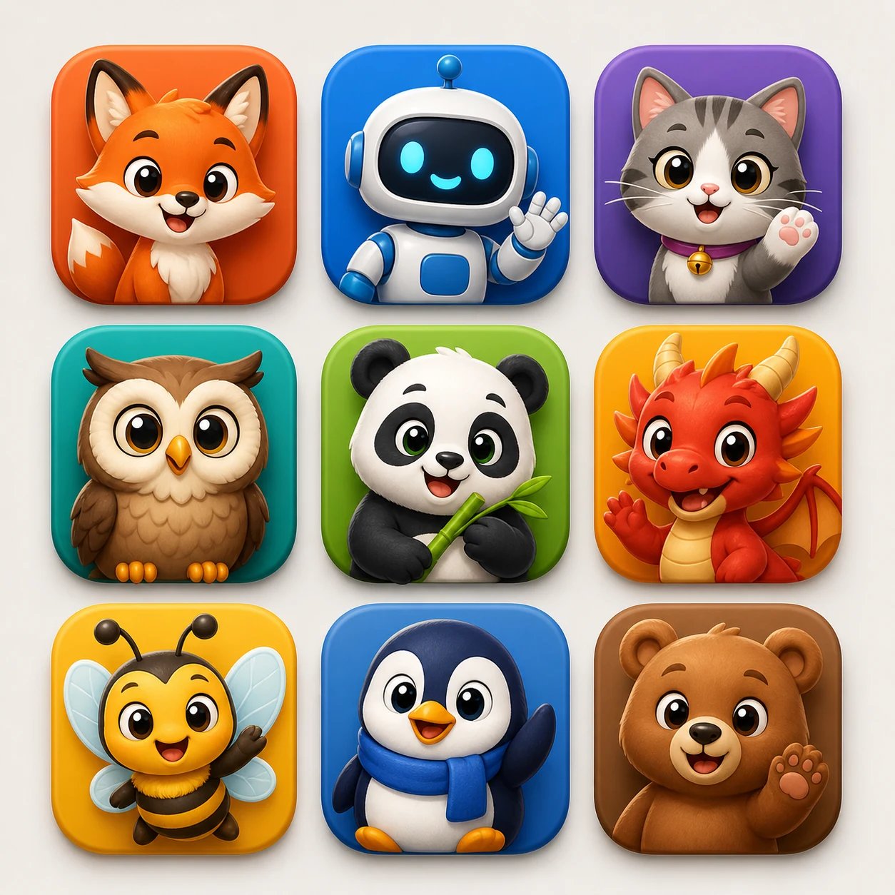 AI-generated set of cute brand mascot icons — fox, robot, cat, owl, panda, dragon