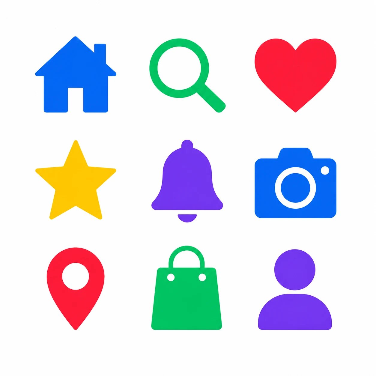 AI-generated set of flat modern icons — home, search, heart, star, bell, camera