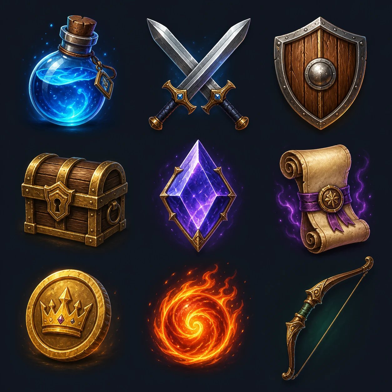 AI-generated set of fantasy RPG game icons — potion, swords, shield, chest, gem, scroll