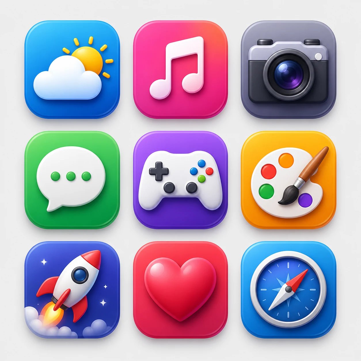 AI-generated three-by-three set of glossy app icons — weather, music, camera, chat, game, palette, rocket, heart, compass