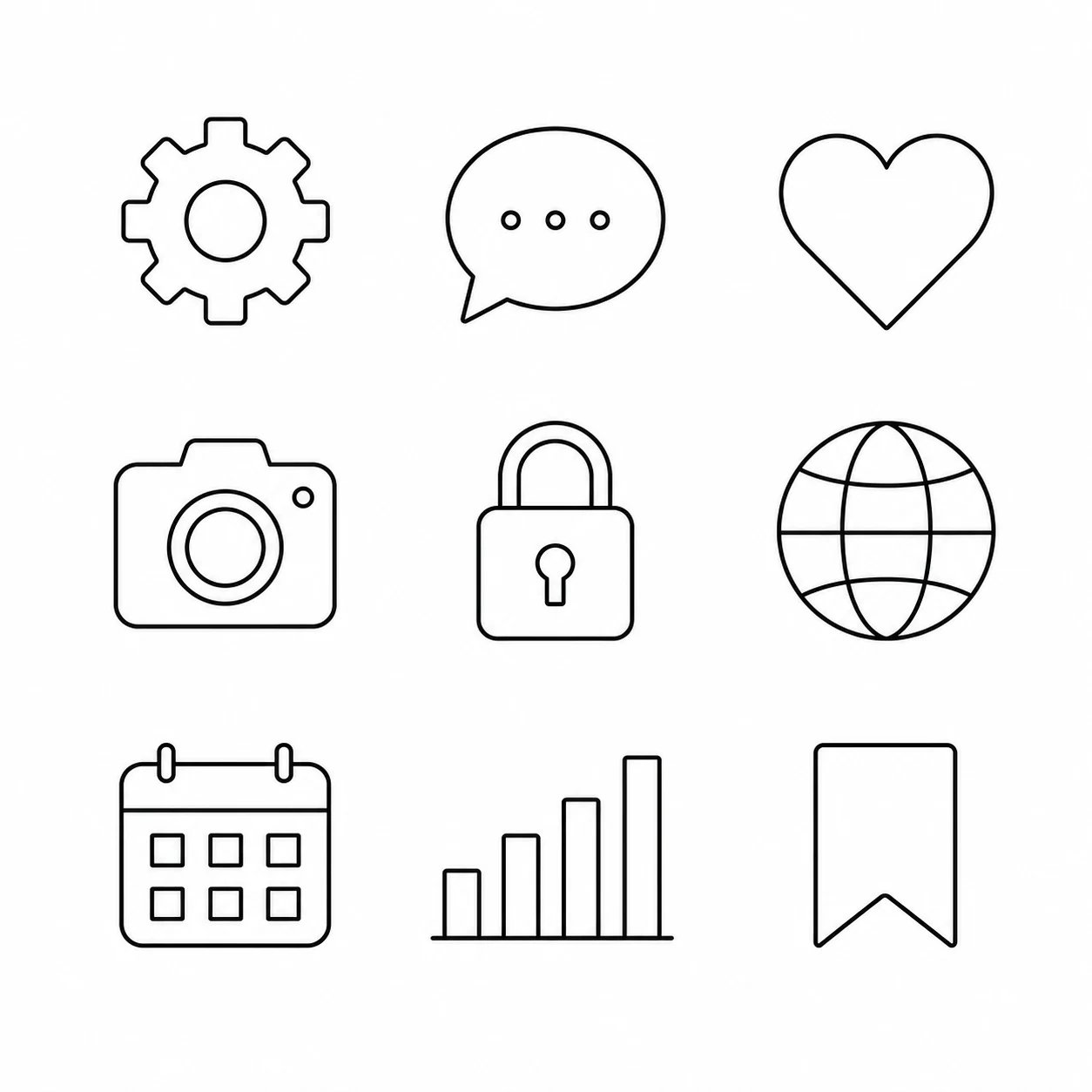 AI-generated set of minimalist line icons — gear, chat, heart, camera, lock, globe