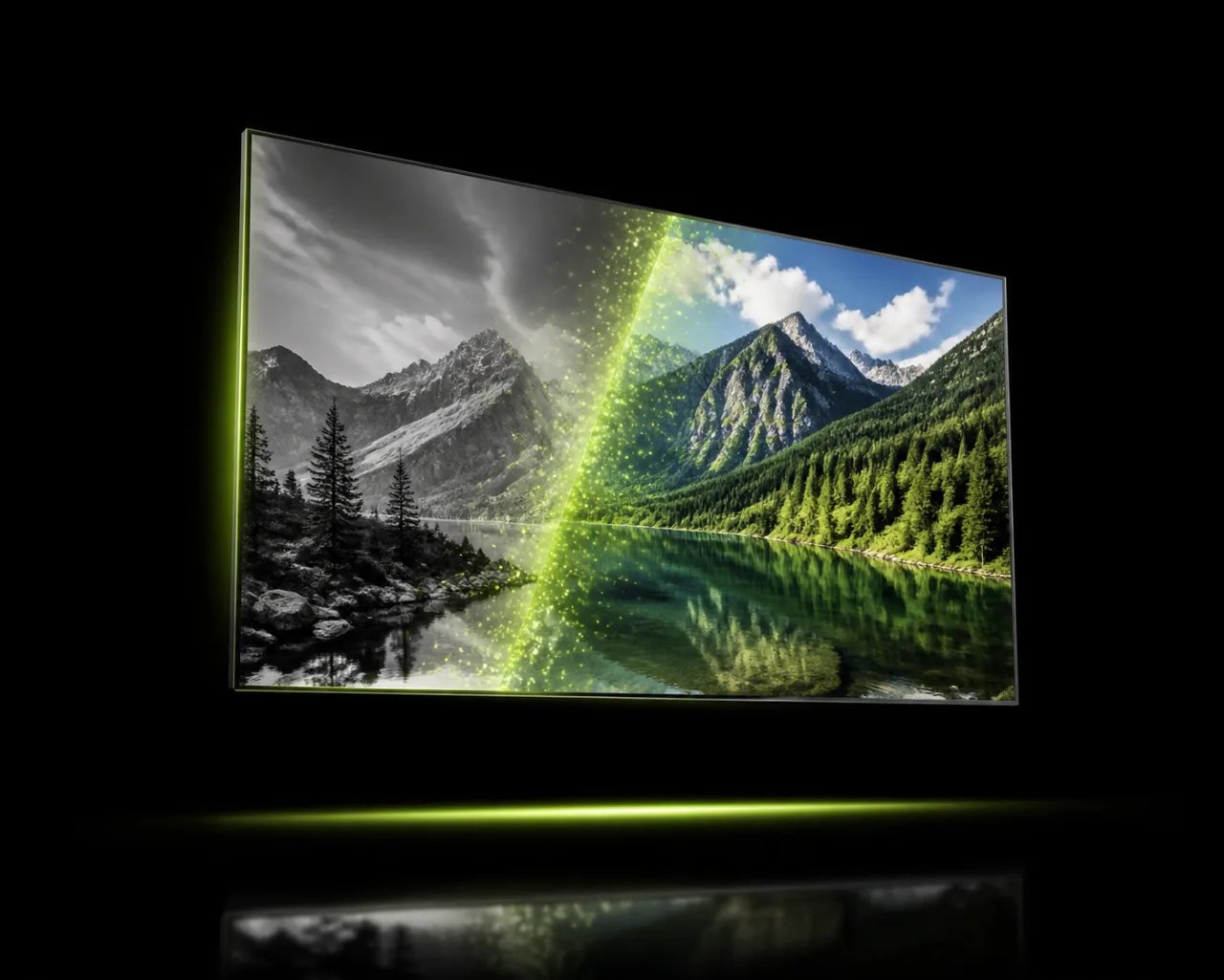 A widescreen display showing an AI-generated green mountain landscape