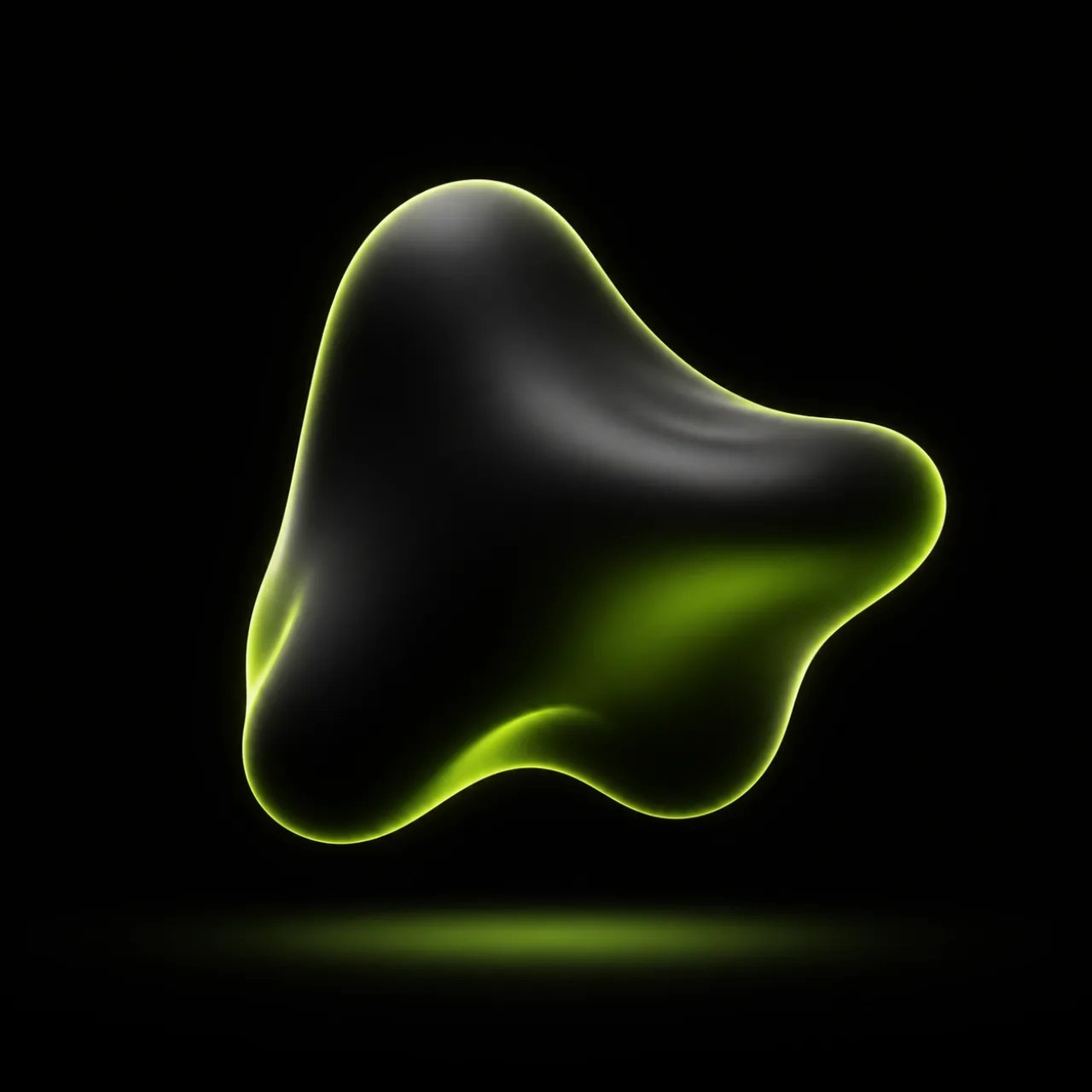 A glossy black 3D shape outlined in neon green