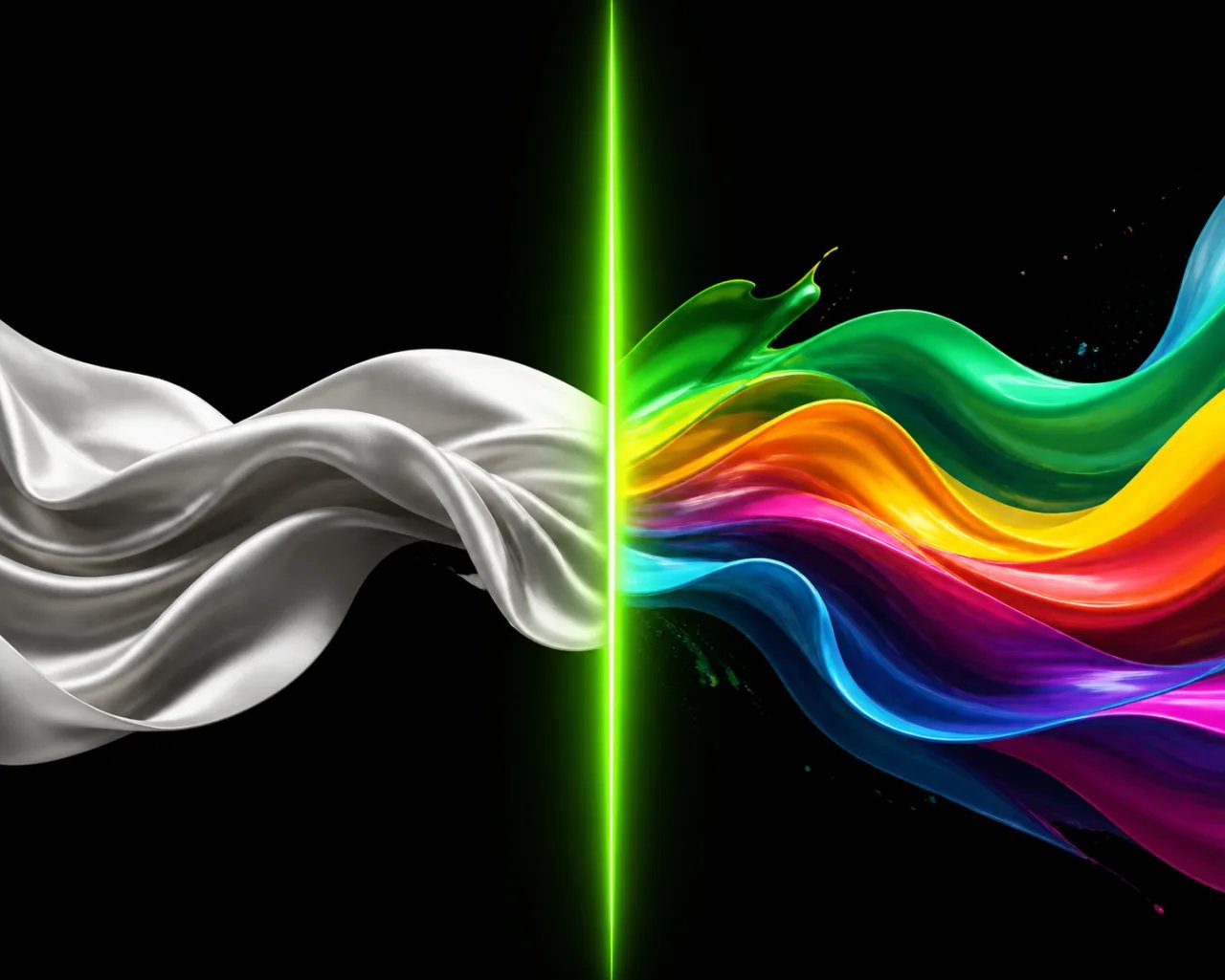 A white ribbon flowing into a burst of rainbow color