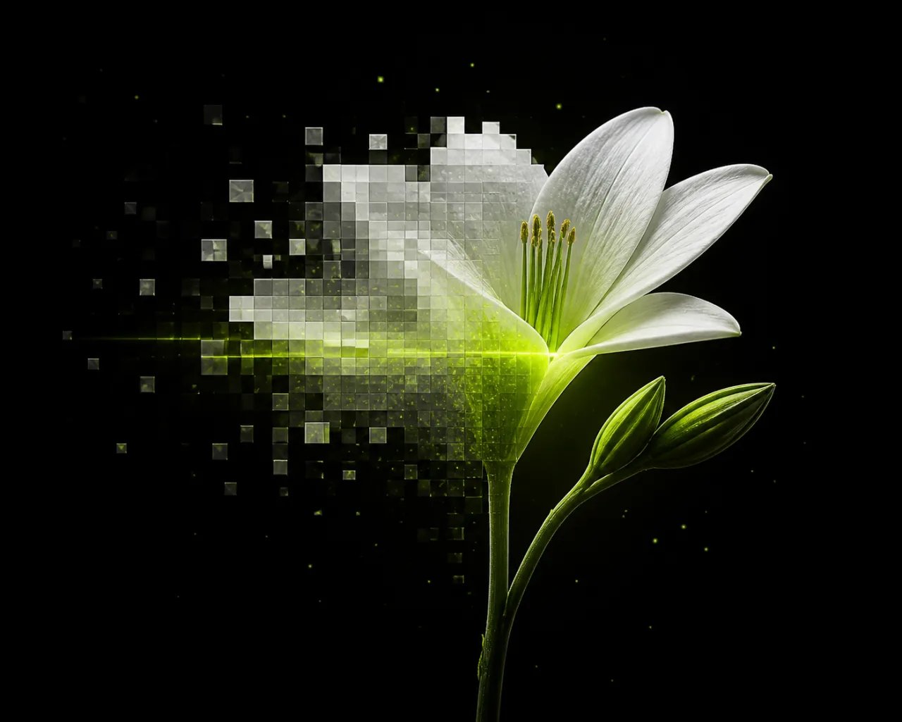 A white flower rendered half in pixels and half photorealistic