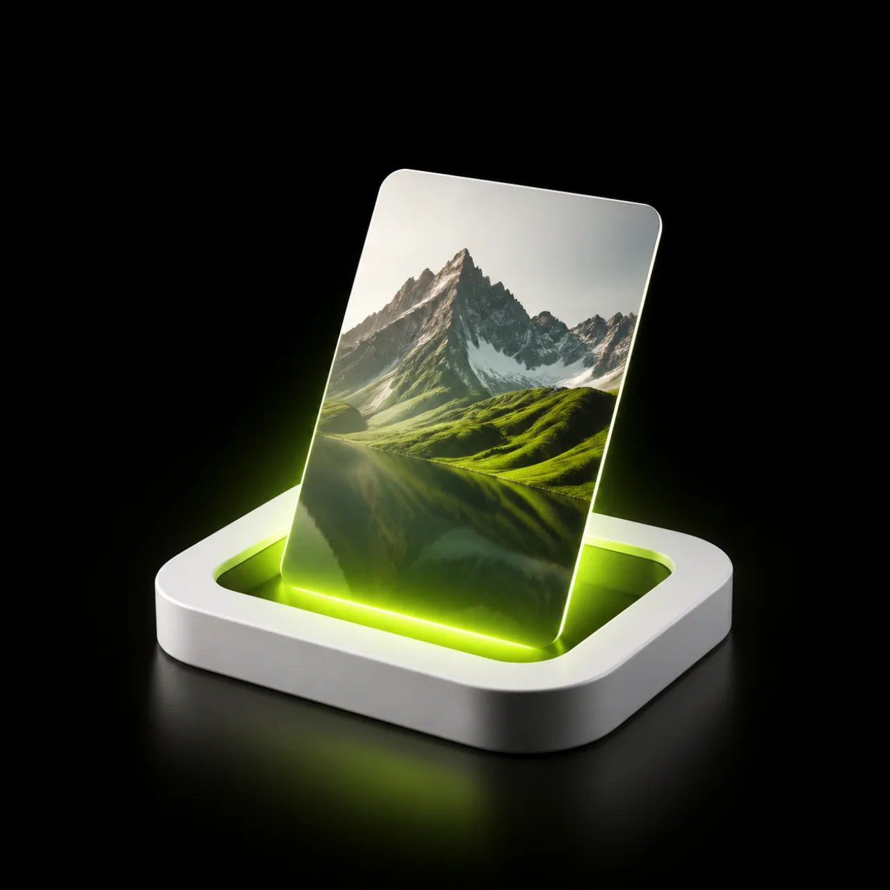 A device on a stand showing a generated mountain landscape