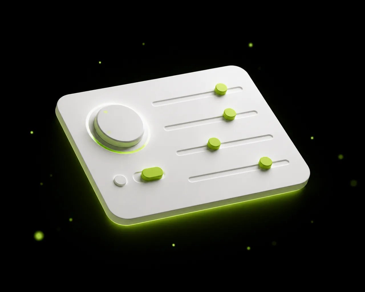 A stylized 3D panel with green dials for model settings