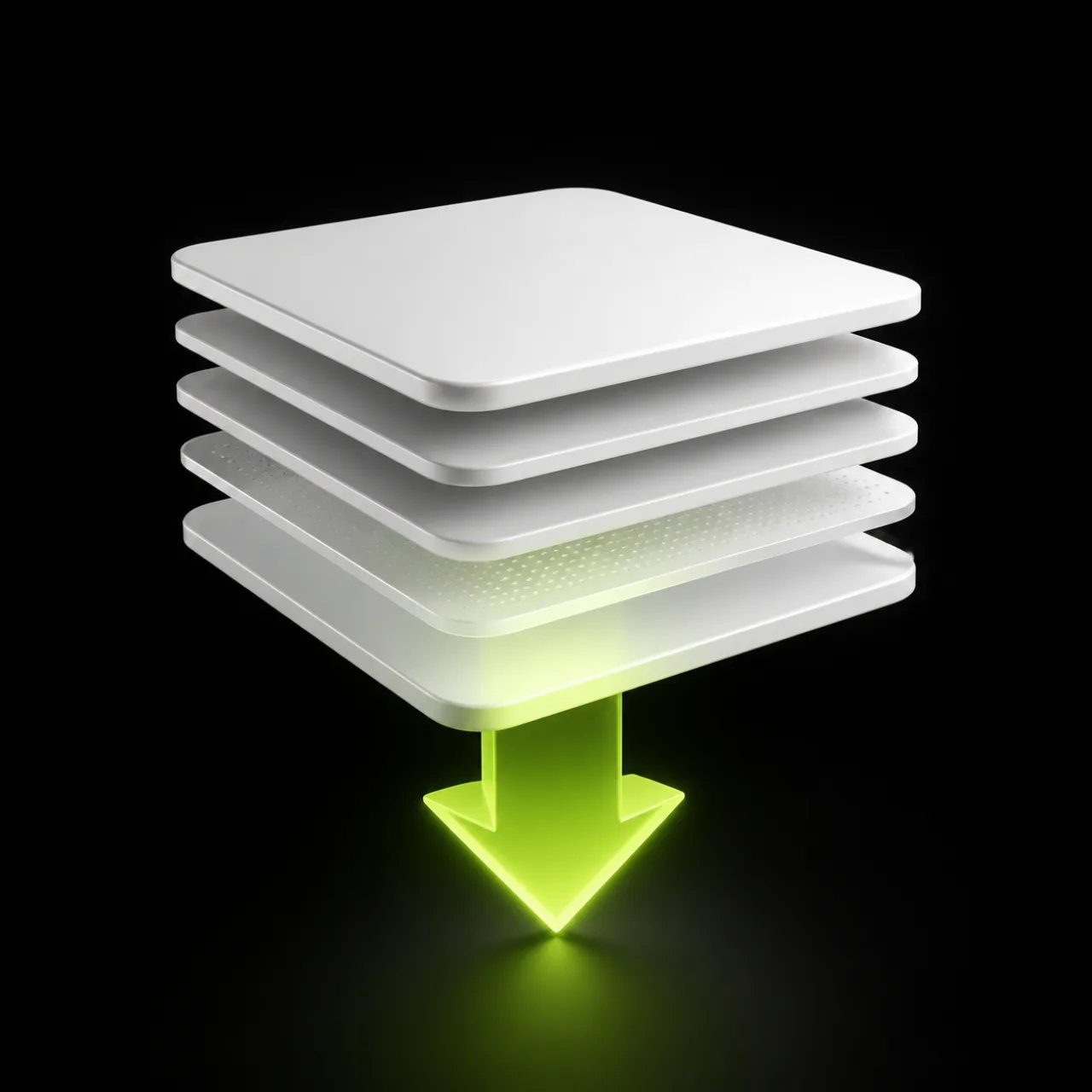 A stack of layers with a green downward arrow for generated output