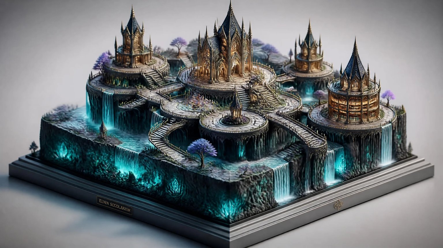 Ultra-detailed 2.5D isometric fantasy sky island city diorama with medieval towers and waterfalls on neutral studio background
