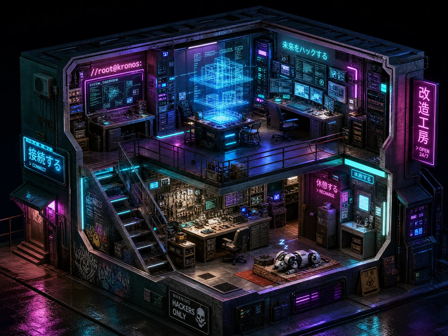Cozy cyberpunk hacker workshop interior cutaway diorama with holographic monitors and warm neon lighting