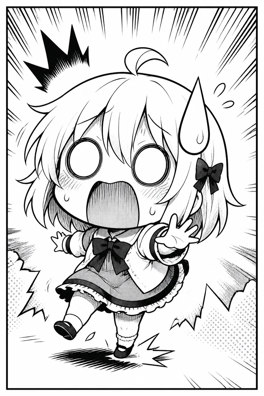 AI-generated black-and-white chibi comedy manga panel with a shocked super-deformed character