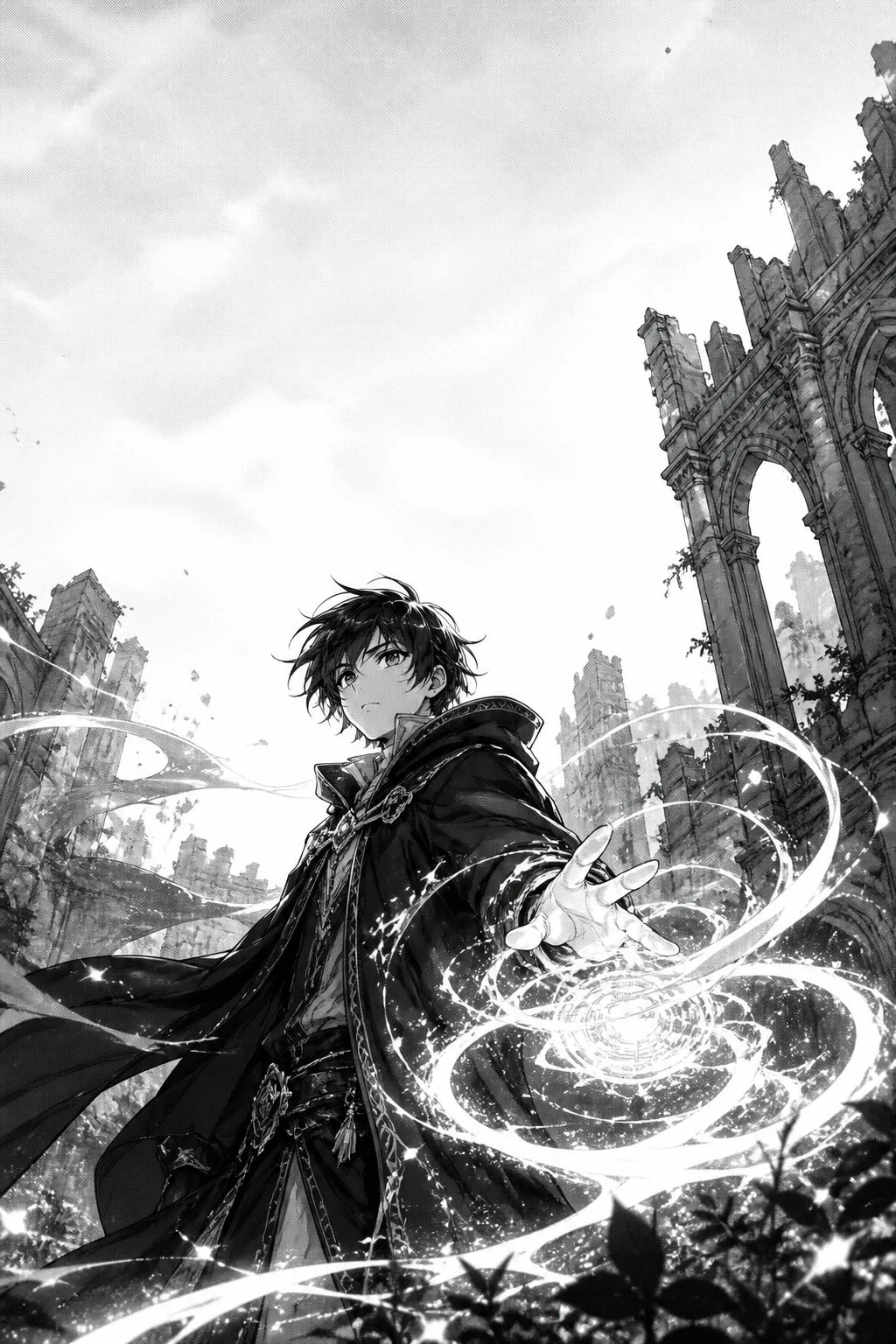 AI-generated black-and-white fantasy manga illustration of a young mage summoning swirling magic