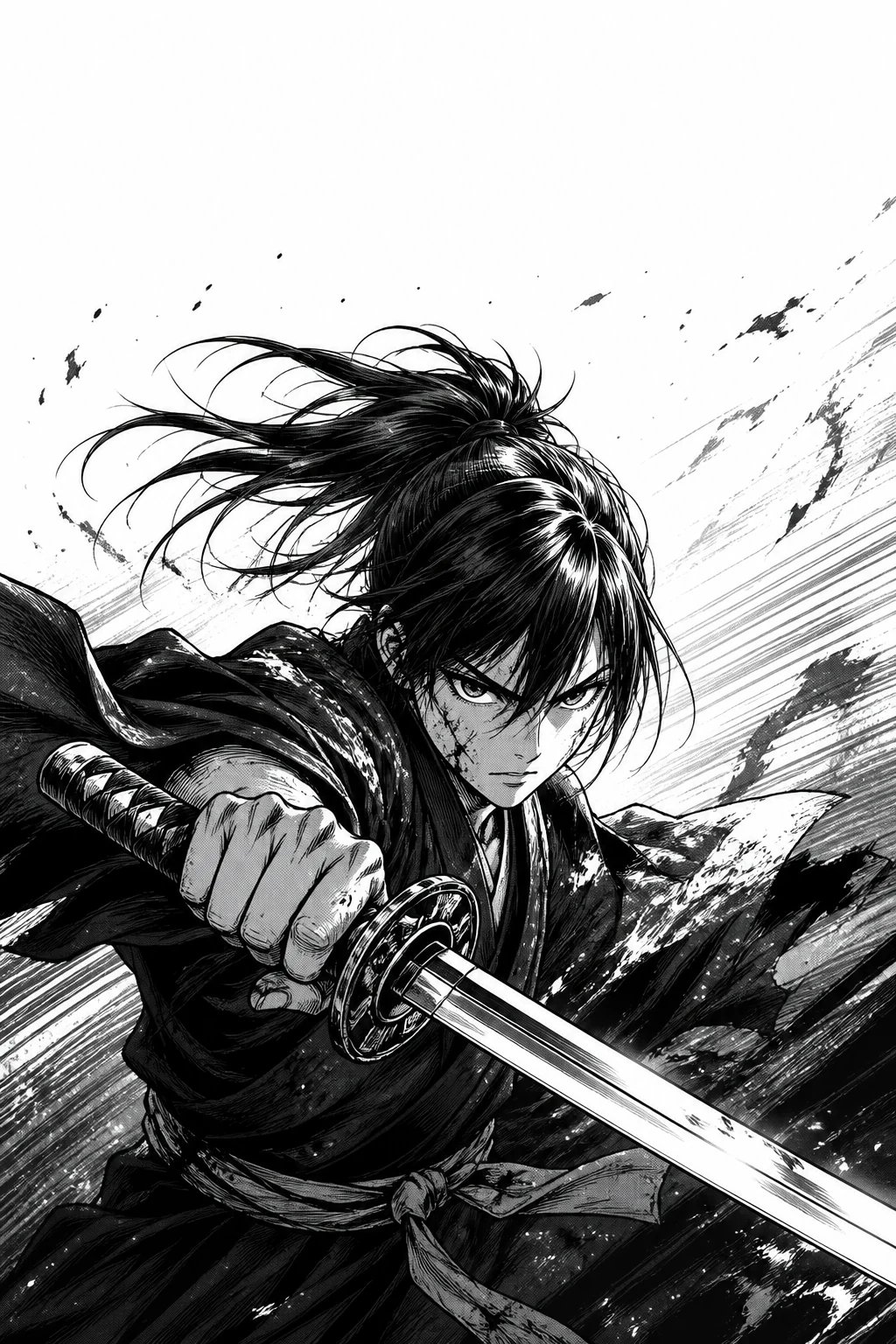AI-generated black-and-white manga illustration of a scarred samurai gripping a katana in a dynamic action pose