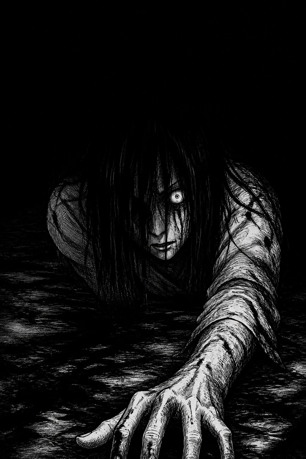 AI-generated black-and-white horror manga illustration of an eerie figure emerging from shadow