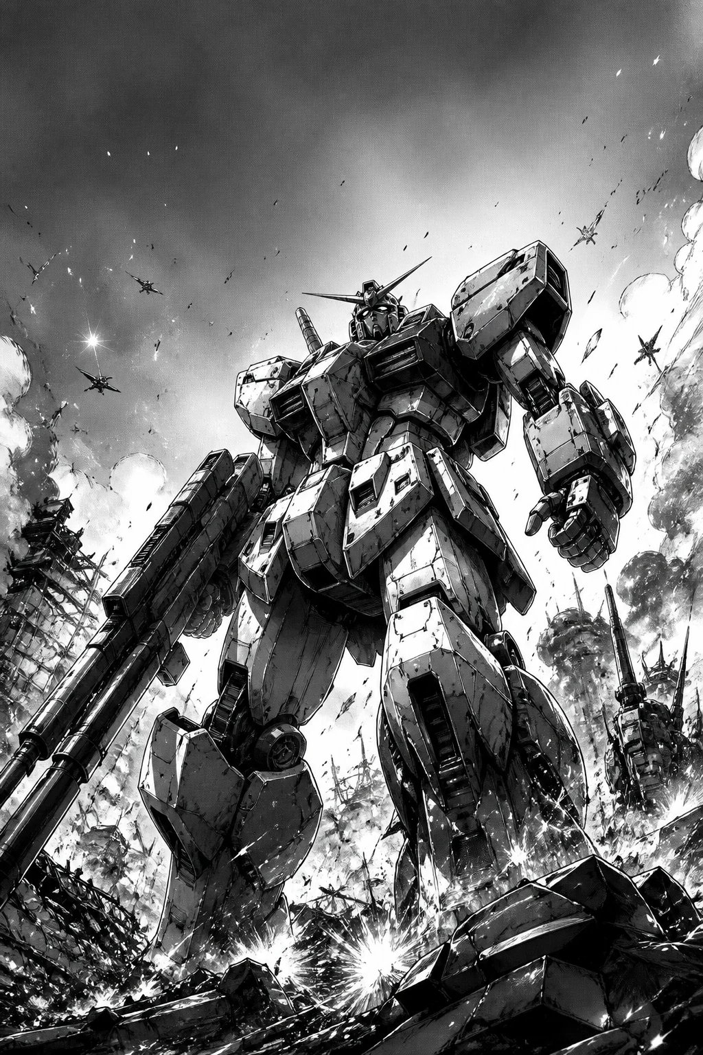AI-generated black-and-white mecha manga illustration of a giant robot mid-battle