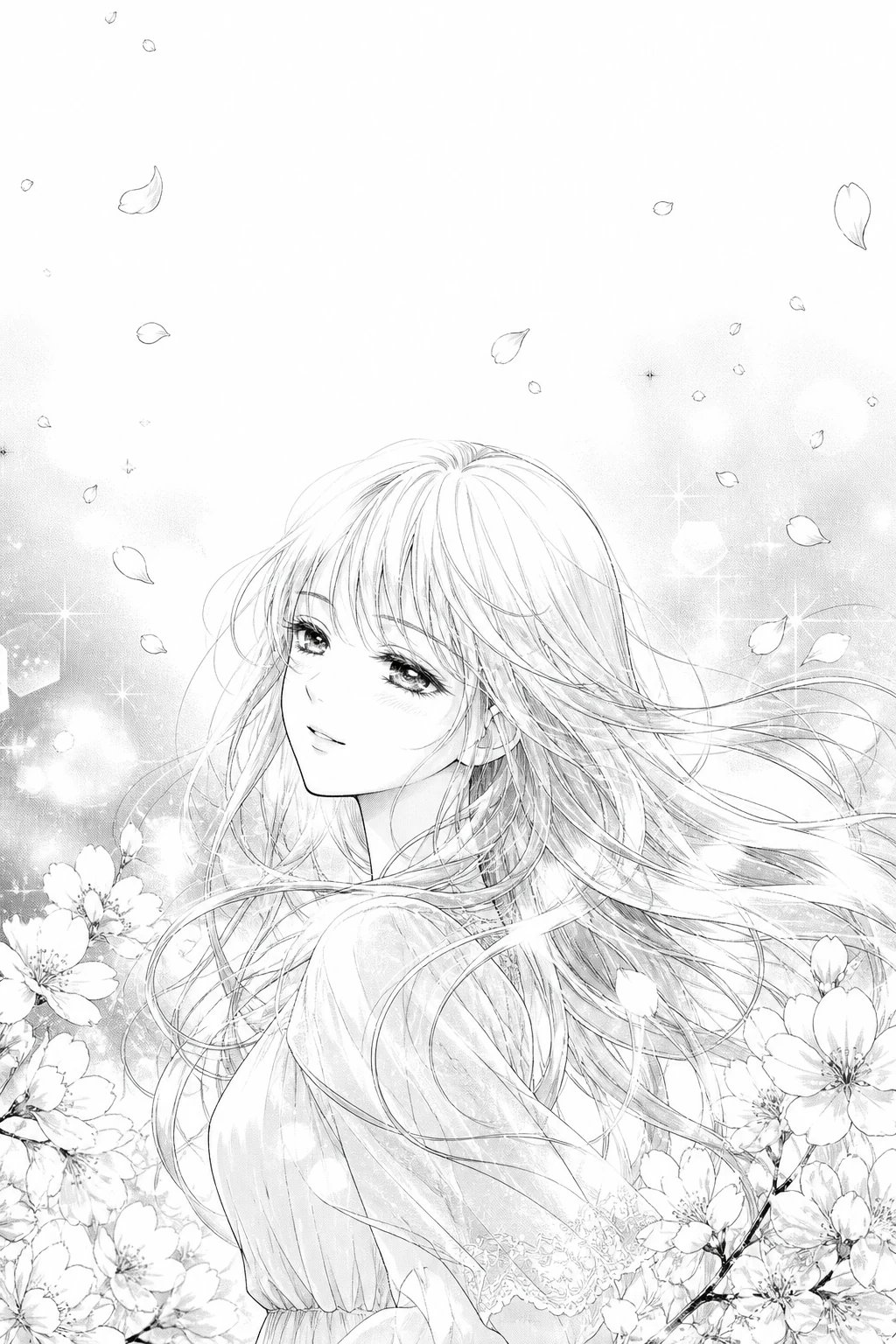 AI-generated black-and-white shojo manga illustration of a girl among floating flower petals