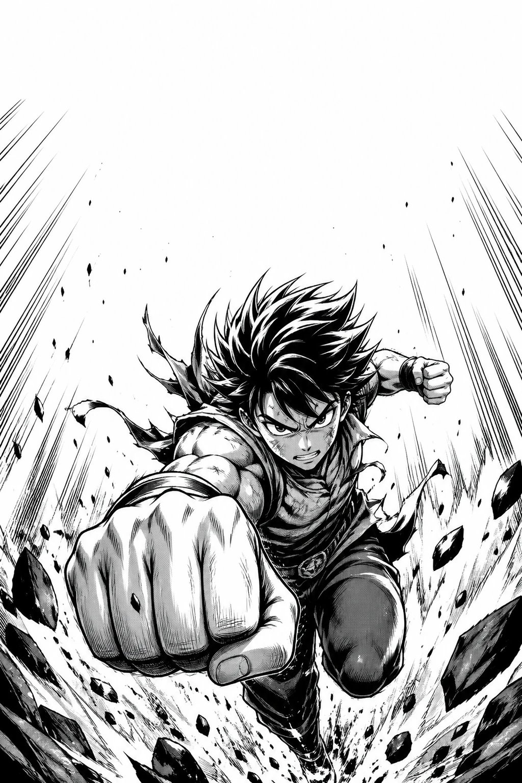 AI-generated black-and-white manga panel of a hero mid-leap throwing a punch with impact lines