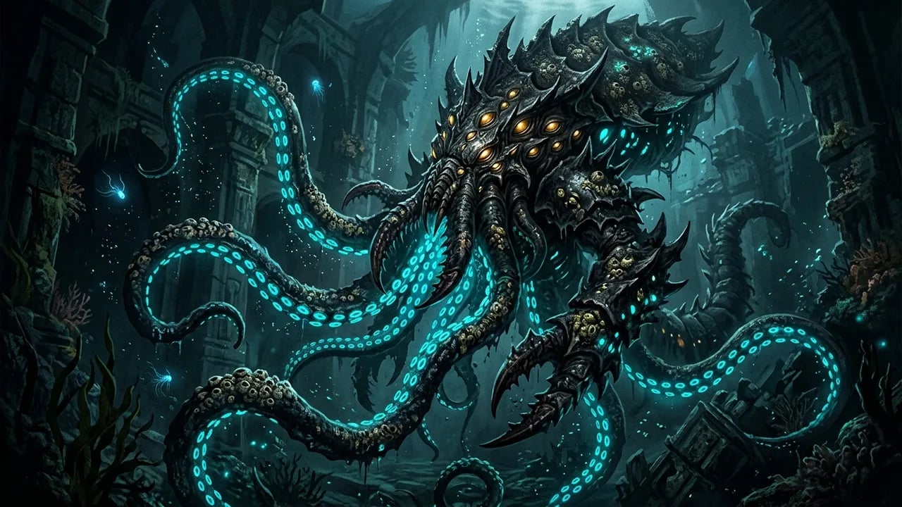 Eldritch abyssal monster with bioluminescent tentacles and chitin plates