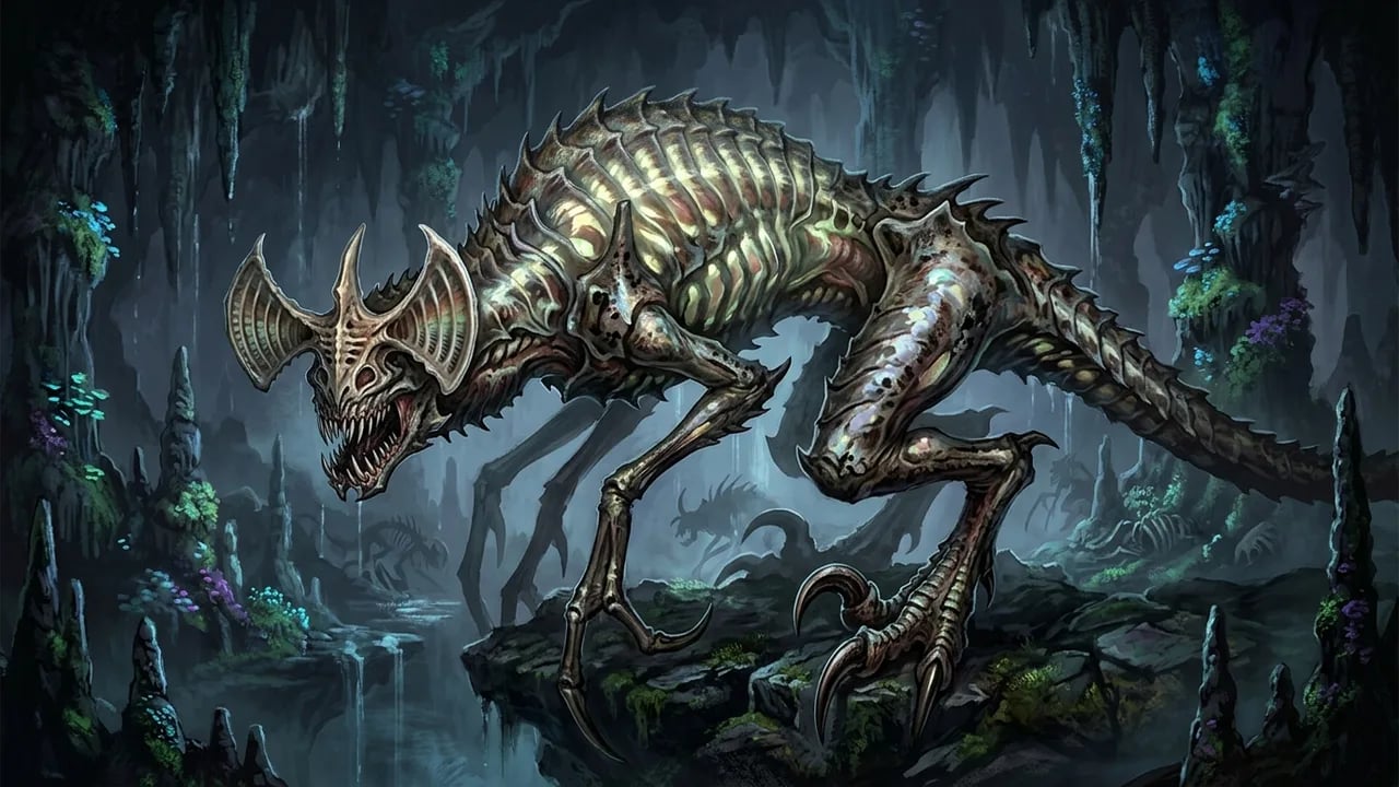 Blind subterranean cave predator beast with echolocation crest and raptor talons