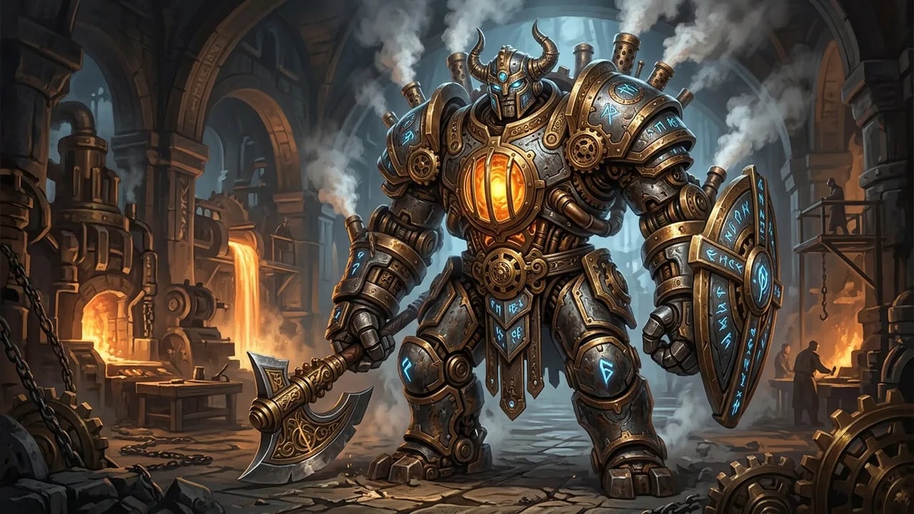 Ancient clockwork sentinel golem with brass gears and glowing runic armor