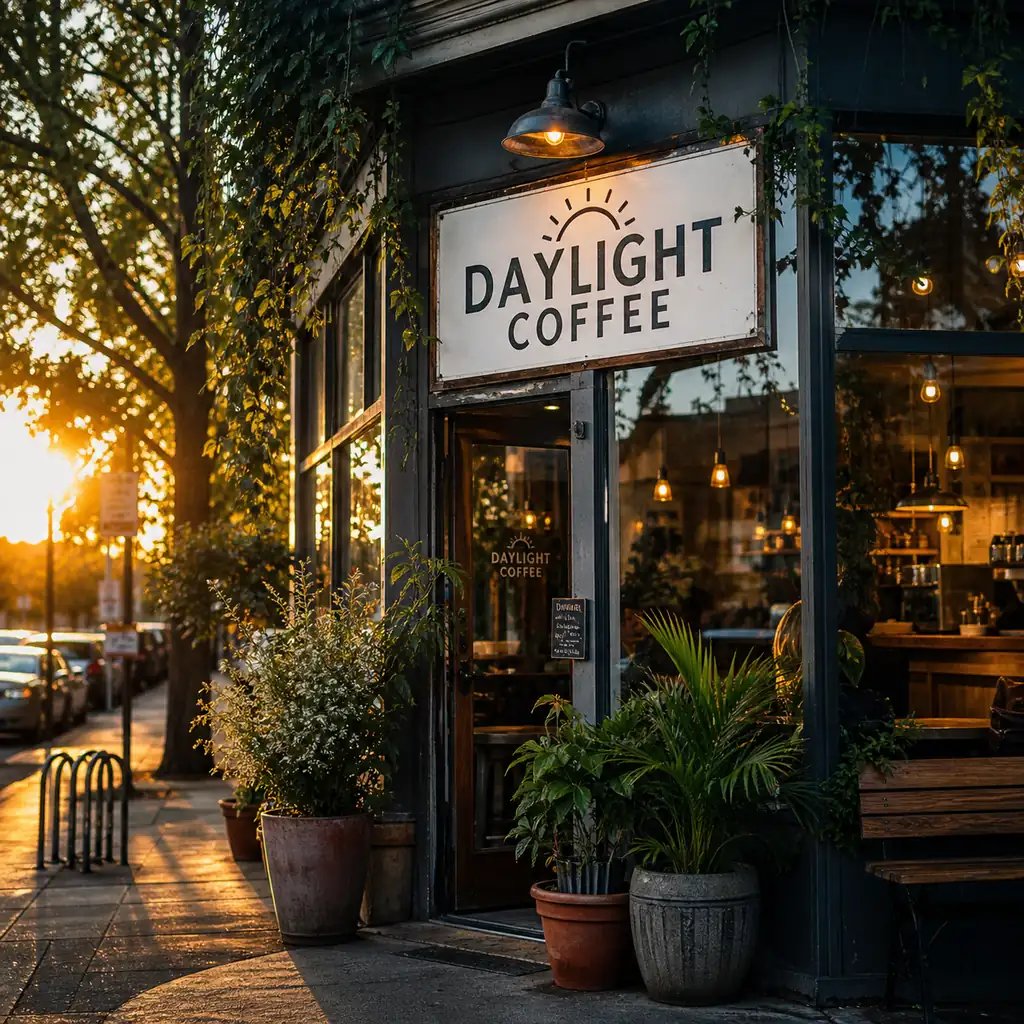 Photorealistic café storefront with a readable sign, generated with the model