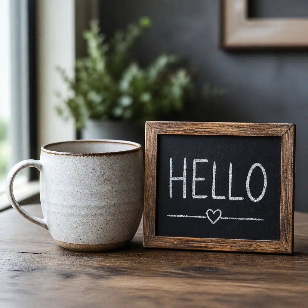 A mug beside a chalkboard sign with legible lettering, generated with the model