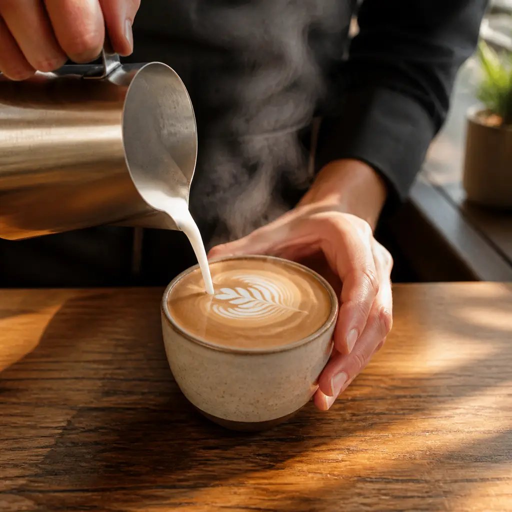 Barista pouring latte art, a photorealistic image generated with the model