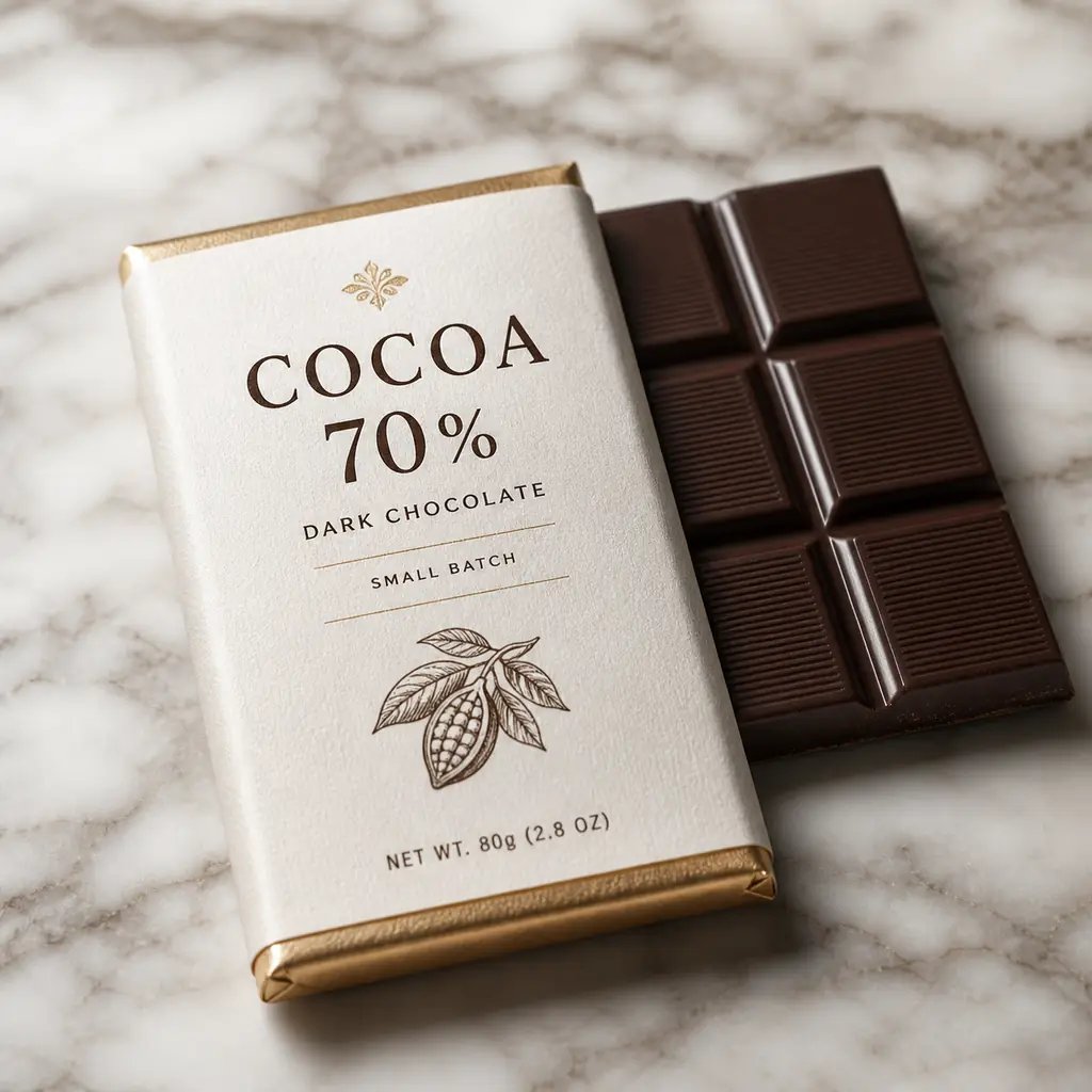 Chocolate bar with a readable 'COCOA 70%' label, generated with the model