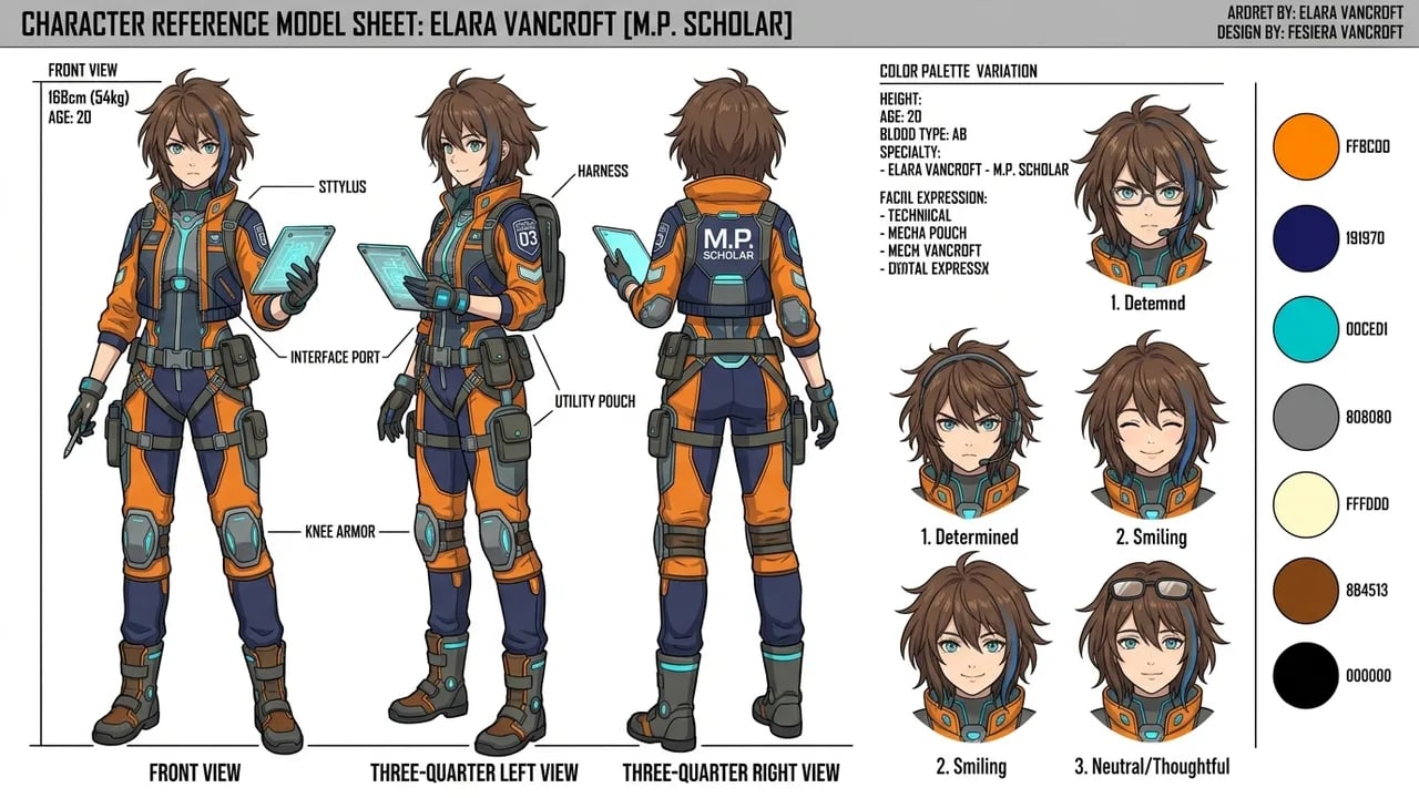 Anime OC character model sheet with front side back turnarounds and facial expressions