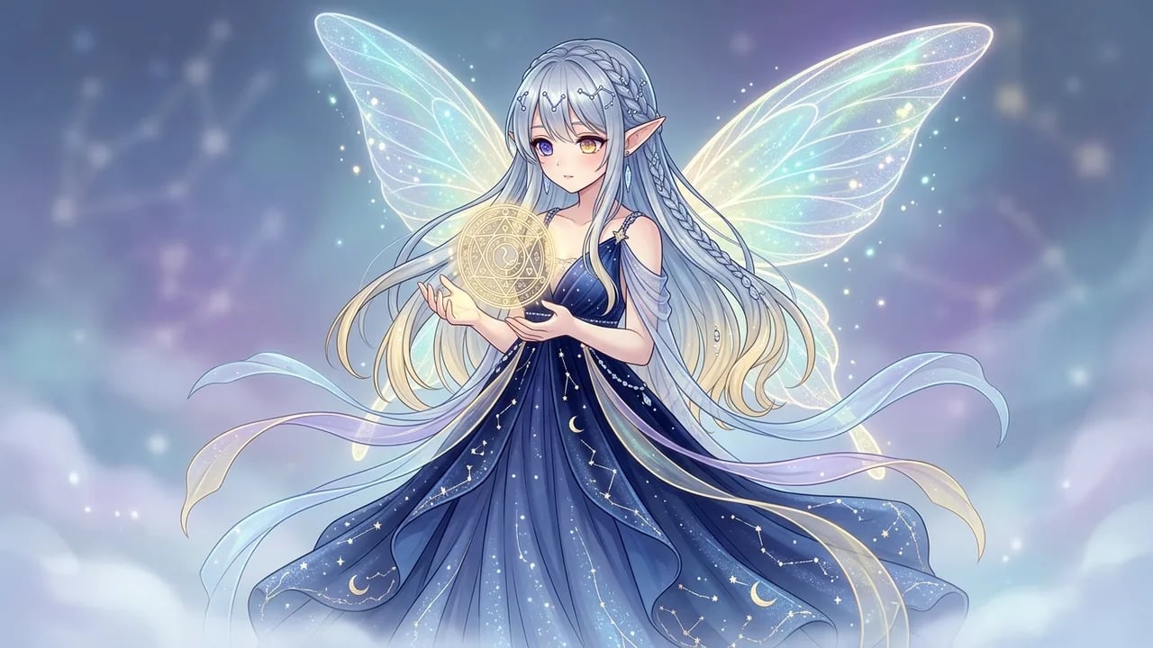 Stargazer elf anime OC with glowing constellation robes and ethereal staff
