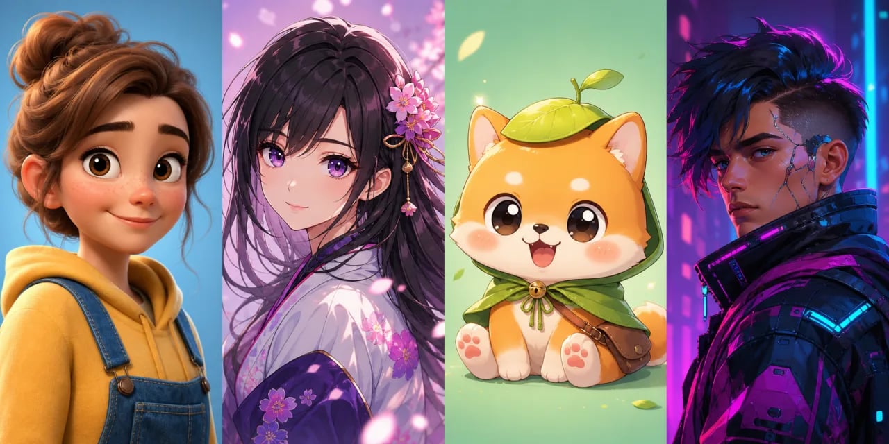 A row of AI-generated profile-picture avatars in varied art styles