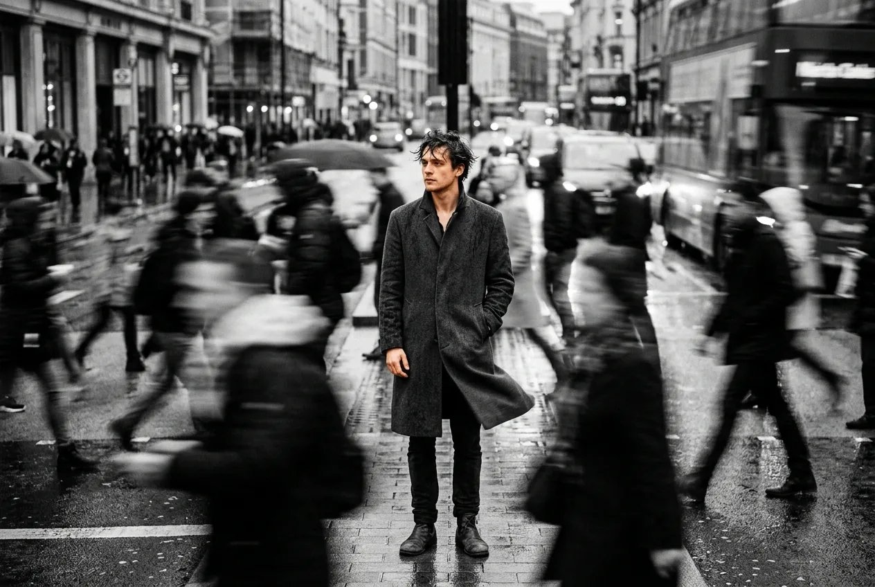Black and white cinematic street photography of a lone figure in a rushing crowd generated by the AI photography generator