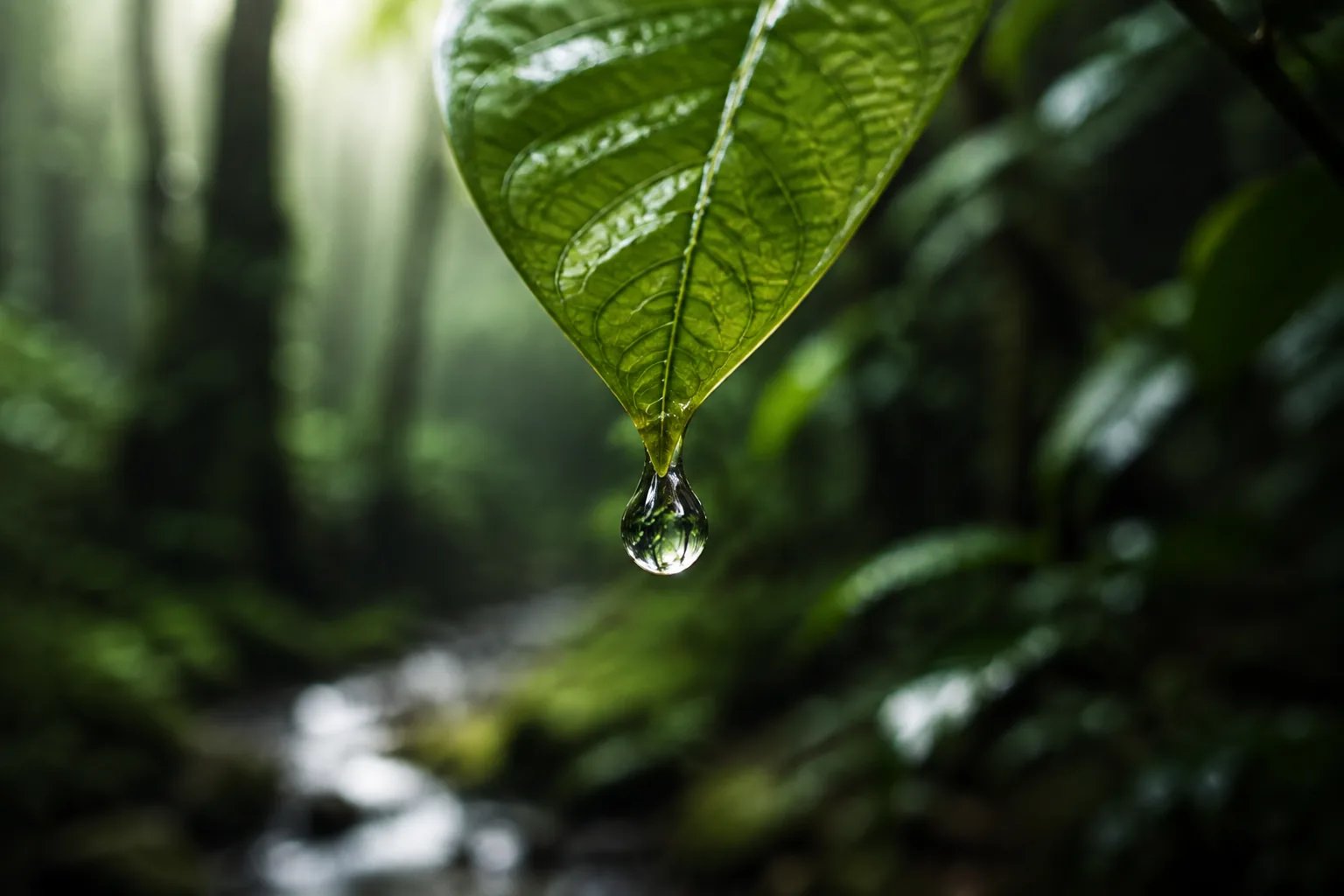 Ultra-detailed macro photography of a crystal water droplet on a forest leaf