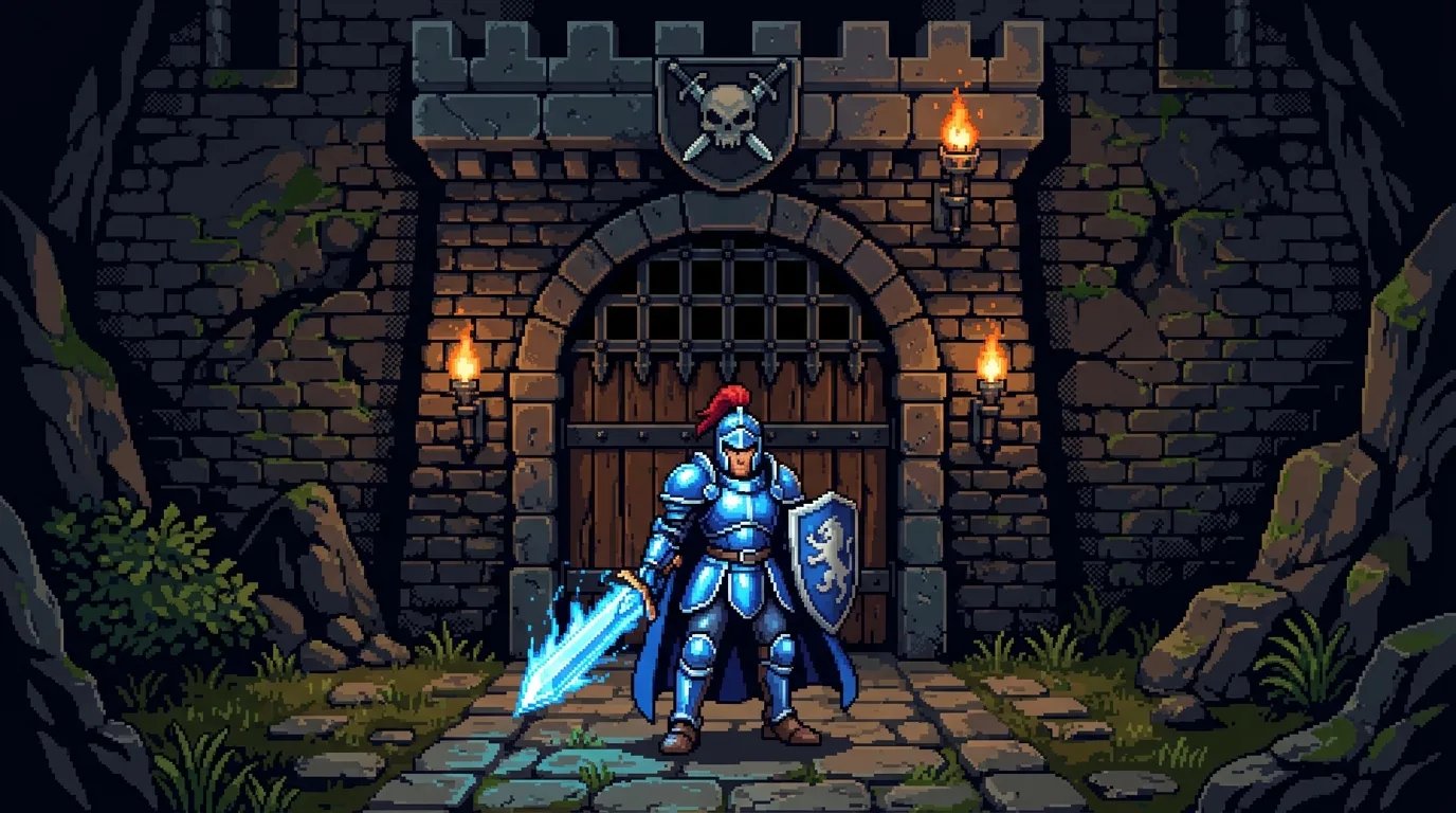 16-bit pixel art sprite of a fantasy knight with blue armor and radiant sword standing in front of dungeon gates
