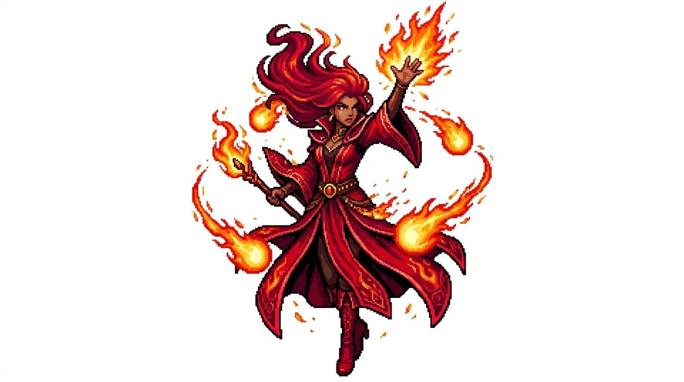16-bit pixel art character sprite of a fiery red-haired sorceress casting flame orbs in crimson robes