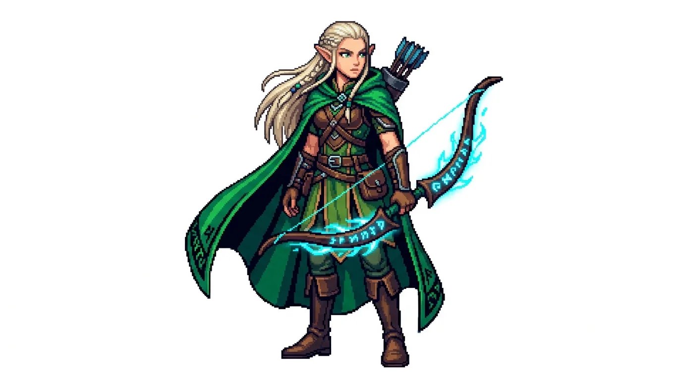 16-bit pixel art character sprite of an elven archer with emerald cloak and glowing rune bow on white background