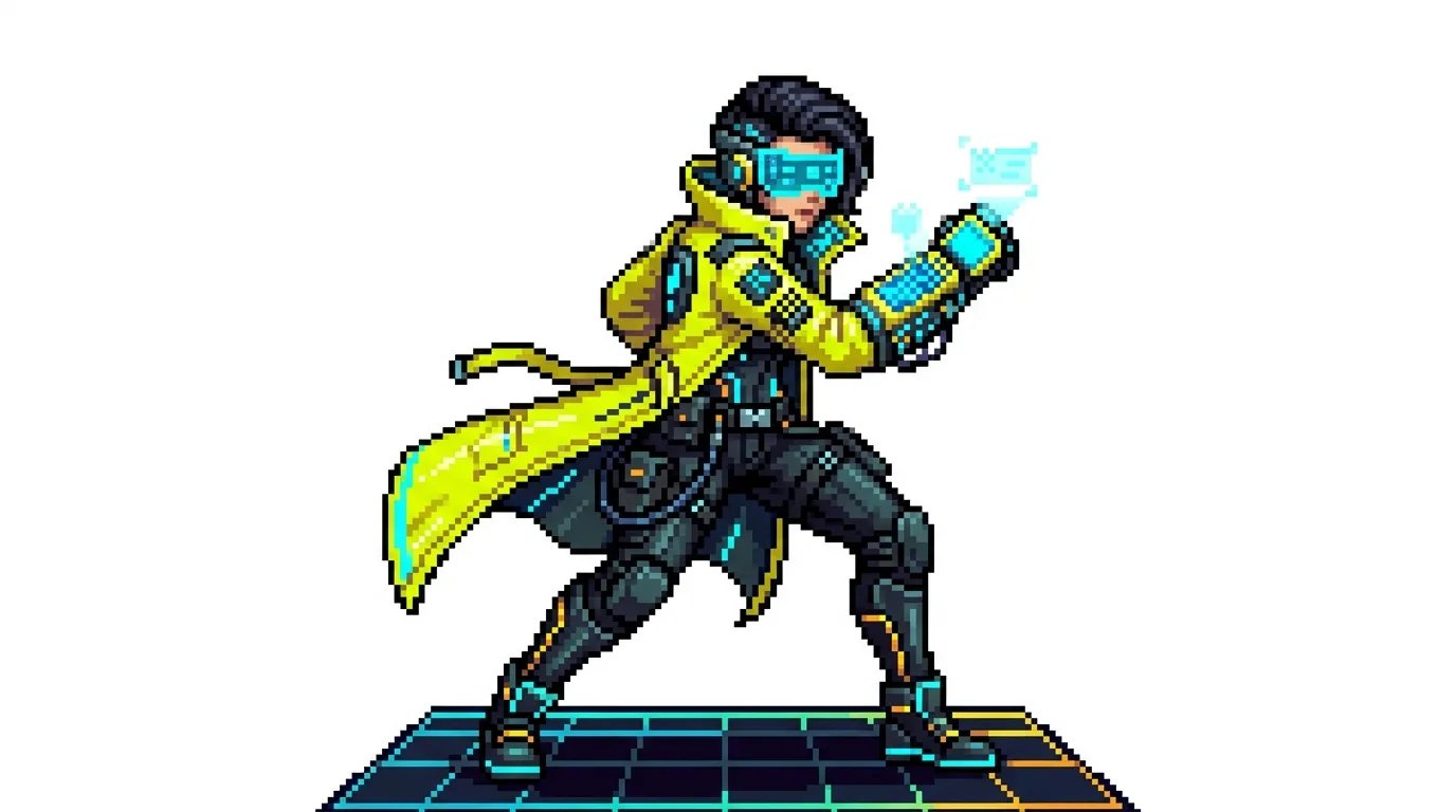16-bit pixel art character sprite of a futuristic cyberpunk hacker in neon yellow trench coat with cyan visor