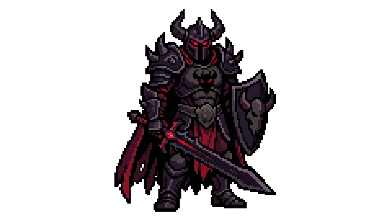 8-bit pixel art character sprite of a menacing dark dungeon overlord with horned obsidian armor and red eyes