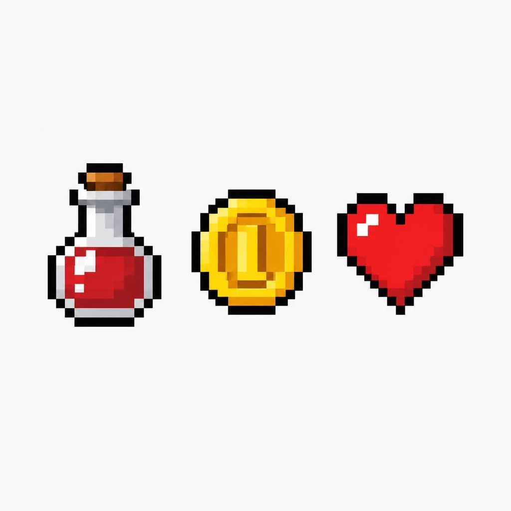 Pixel art game items: potion, coin, and heart