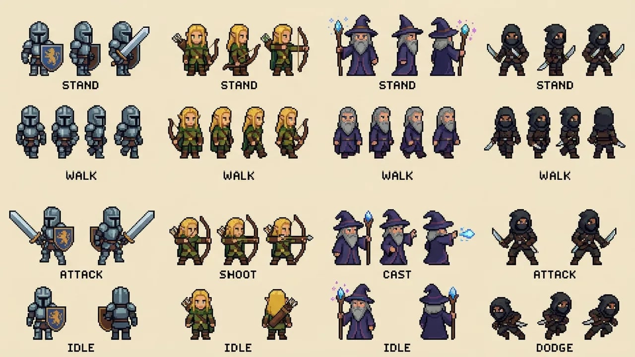 16-bit pixel art character sprite sheet showcase with knight, archer, wizard, and rogue