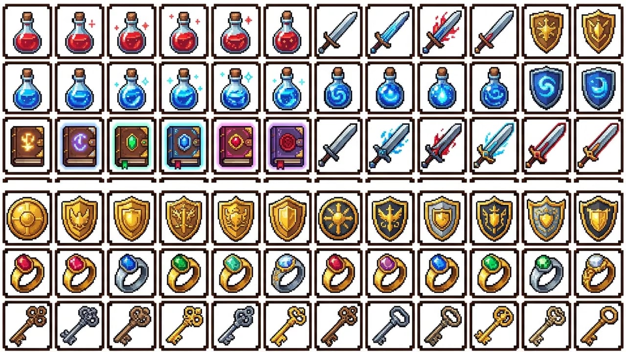 16-bit retro pixel art inventory grid with potions, spellbooks, swords, and shields