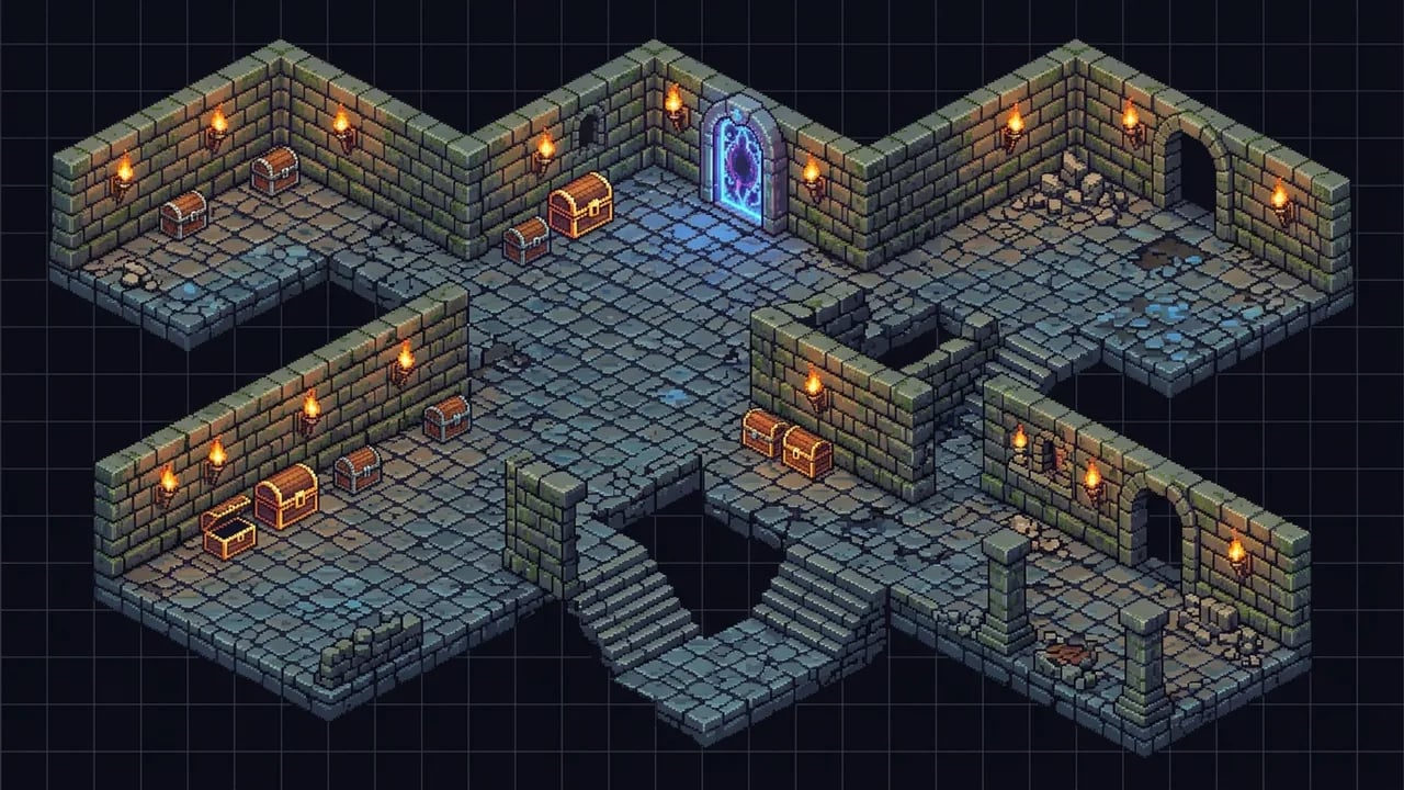 16-bit retro pixel art isometric game environment tileset showcase