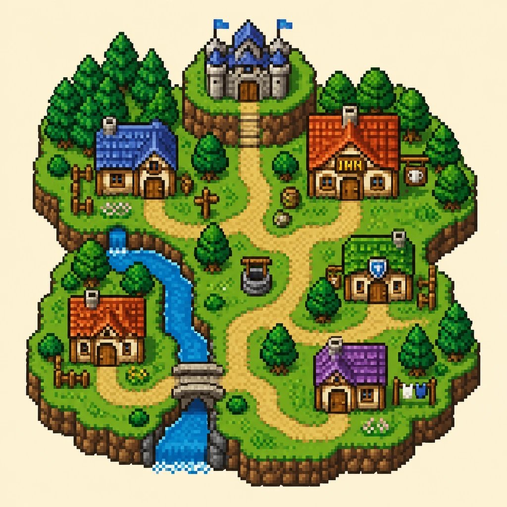 Pixel art fantasy village scene, RPG overworld