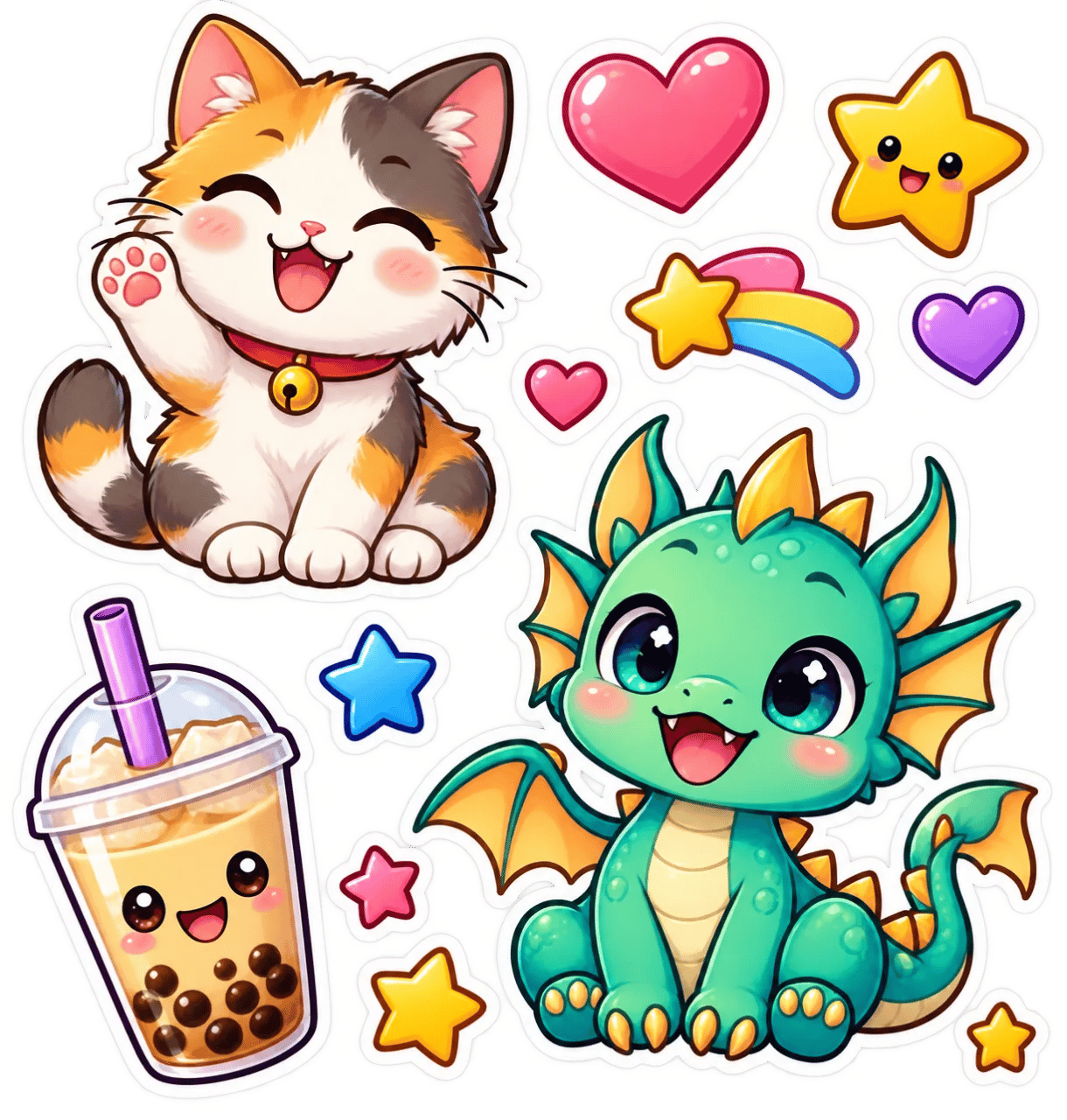 A sheet of die-cut stickers — a cat, a dragon, boba tea, hearts and stars