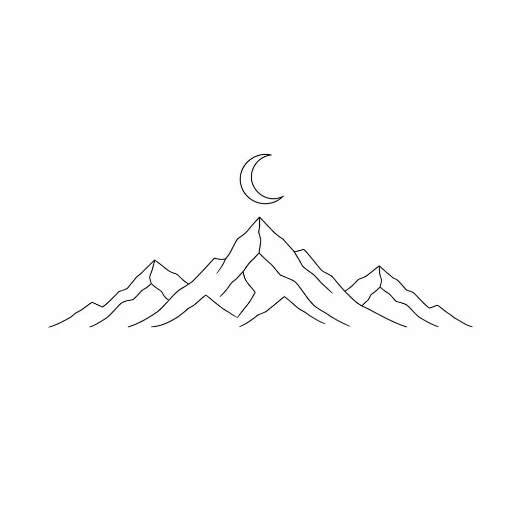 Fine-line mountain range and crescent moon tattoo design