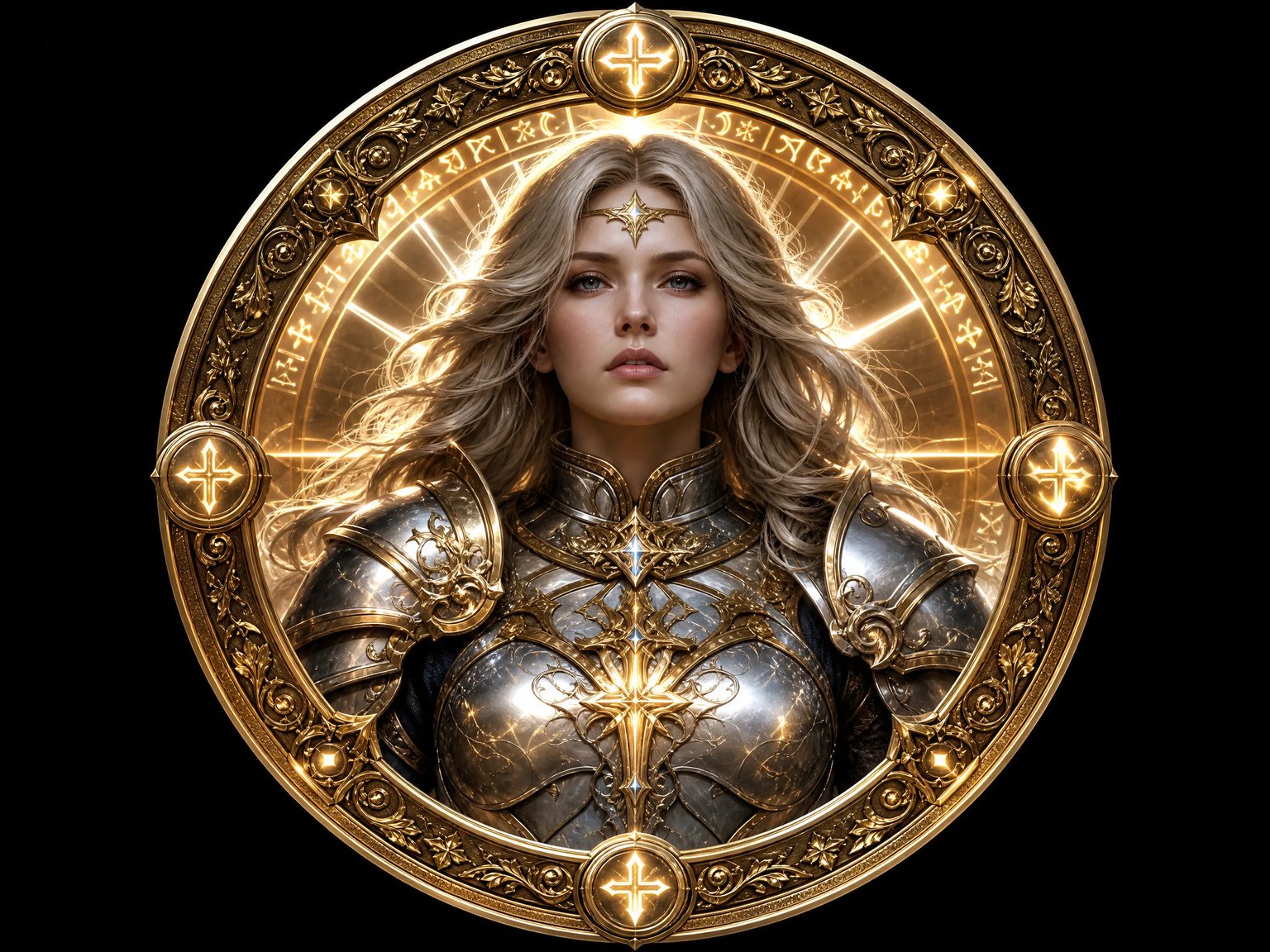 Circular tabletop character token of a female paladin in polished steel armor with gold filigree border