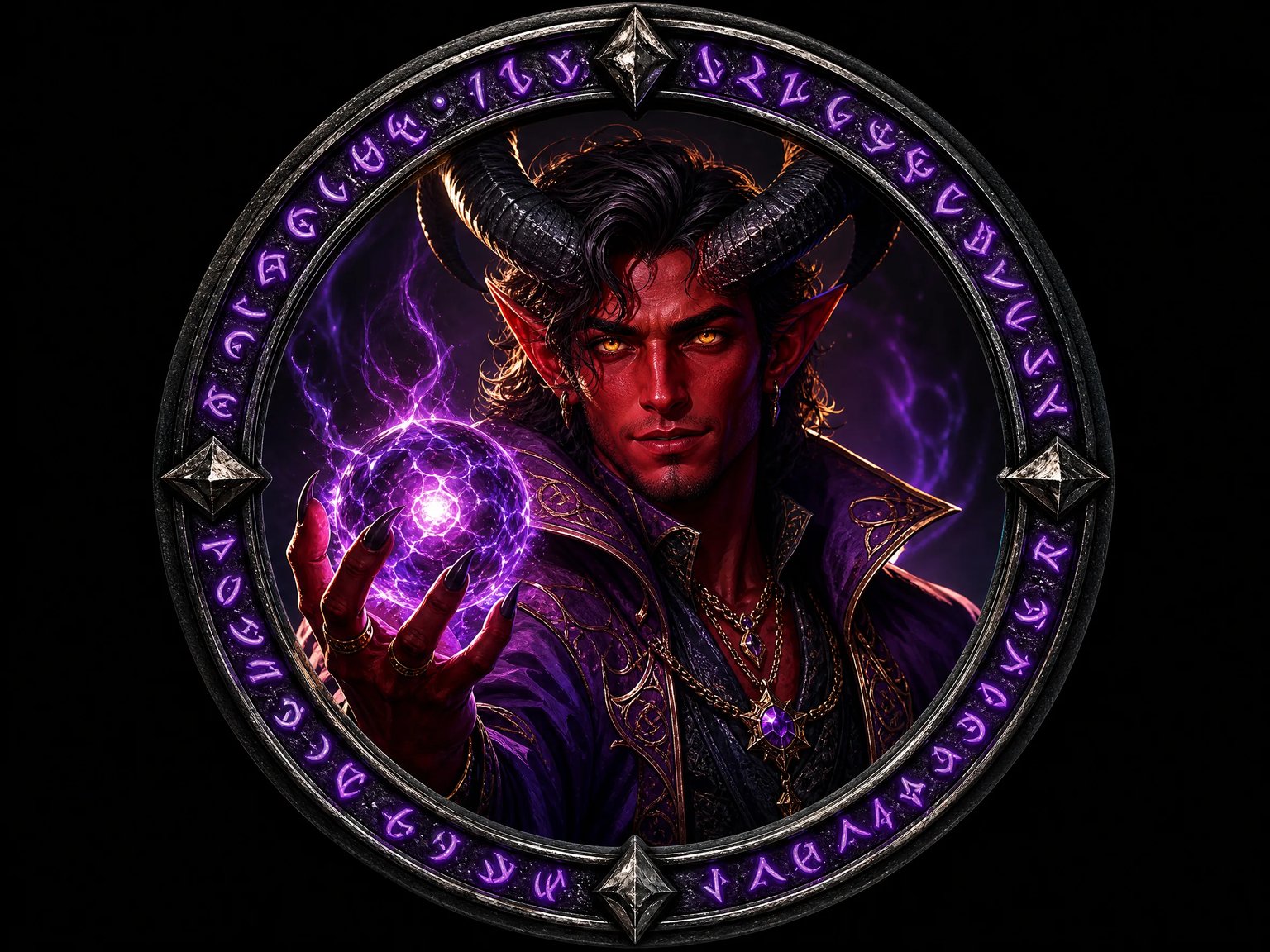 Circular tabletop RPG token of a crimson tiefling warlock in blackened iron rune bezel